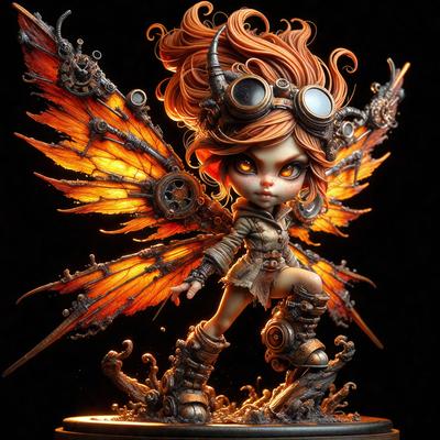 The primary subject of the image is a small, intricately designed figurine of a girl with wings. The figurine is made of metal and features a mix of orange and yellow colors. The setting is a dark room, with the figurine being the main focus of the image. The visual style is a combination of digital art and illustration, creating a unique and eye-catching piece. The colors and mood of the image are vibrant and lively, with the girl's wings and the overall design of the figur